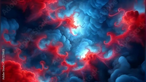 Dynamic blue and red fractal clouds swirling and shifting rapidly, creating a mesmerizing display of abstract motion.