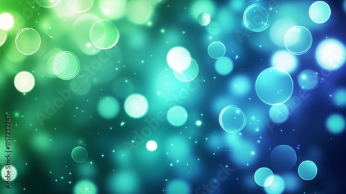Gradient background going from green to blue, filled with many defocused circular bokeh lights and small bright particles, creating a festive or magical atmosphere