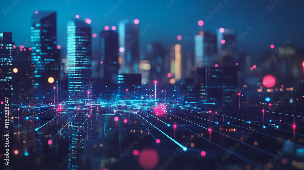 Fototapeta premium Smart digital Innovation city with connection network reciprocity over the cityscape. of future smart wireless digital city and social media networking systems that connects people with in city