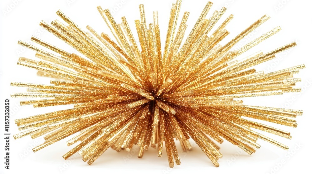 A glittering, golden decorative object with radiating spikes, perfect for festive occasions or as a striking centerpiece. A glittering, golden decorative object with radiating spikes, perfect for festive occasions or as a striking centerpiece.