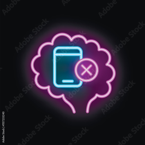 Neon sign illustrating the concept of digital detox, with a smartphone crossed out inside a thought bubble