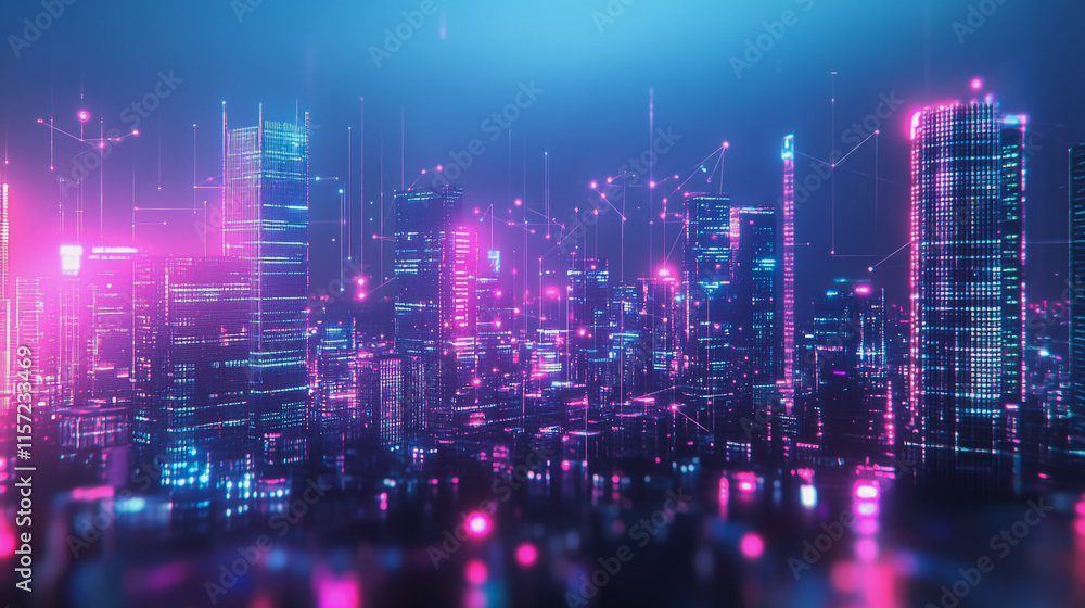 Smart digital Innovation city with connection network reciprocity over the cityscape. of future smart wireless digital city and social media networking systems that connects people with in city Smart digital Innovation city with connection network reciprocity over the cityscape. of future smart wireless digital city and social media networking systems that connects people with in city