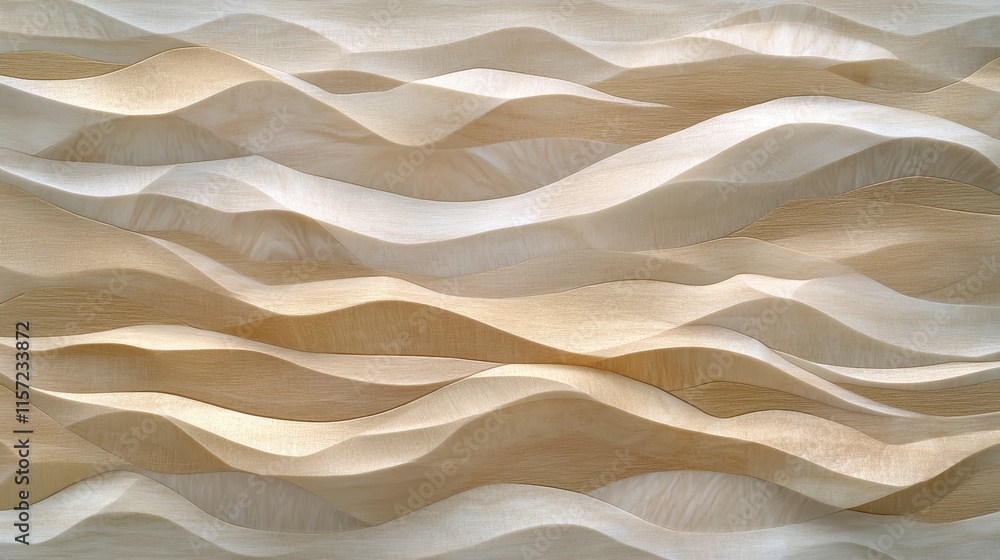 Obraz premium A textured surface featuring flowing, wavy patterns in soft beige and cream tones, resembling sand dunes or gentle waves.