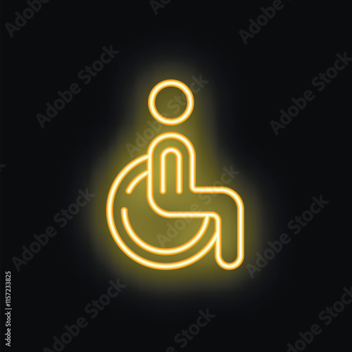 Neon yellow wheelchair accessibility sign is glowing on a black background