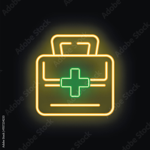 Neon medical kit glowing on a black background, perfect for representing healthcare and emergency services