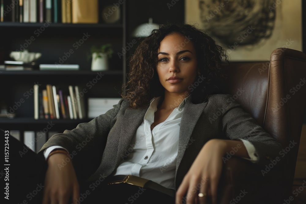 A poised and elegant woman in an office armchair exudes confidence and grace, dressed formally and surrounded by modern office decor. A poised and elegant woman in an office armchair exudes confidence and grace, dressed formally and surrounded by modern office decor.
