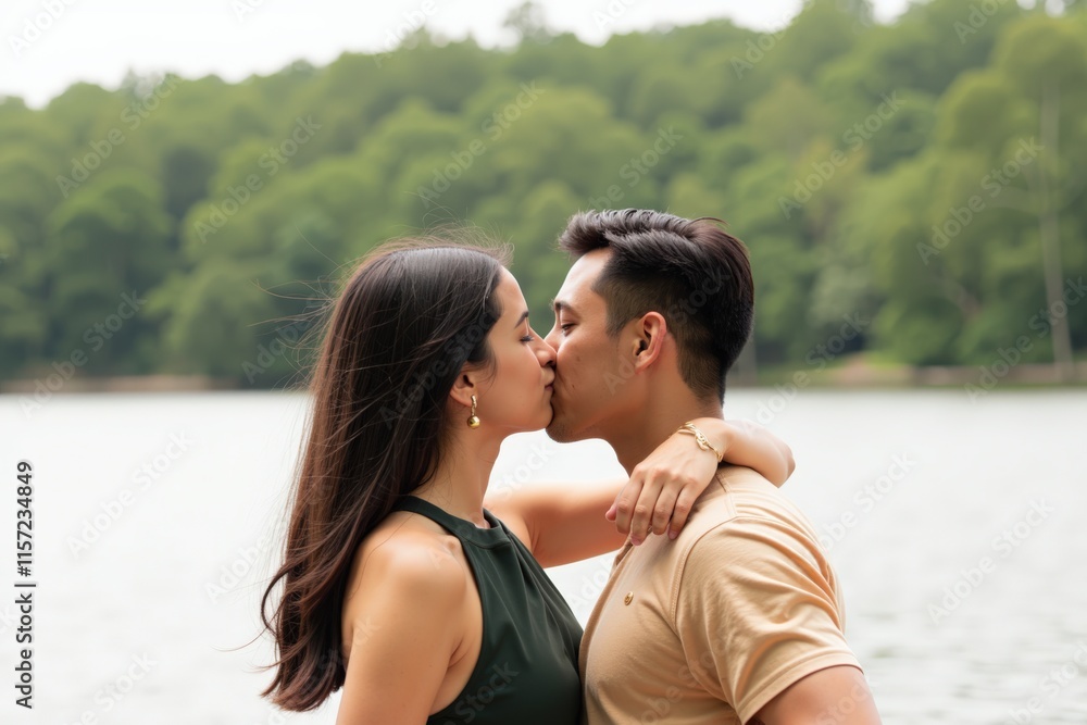 Romantic Couple Sharing a Kiss by the Serene Lake, Perfect for Love-themed Greeting Cards and Wall Art Romantic Couple Sharing a Kiss by the Serene Lake, Perfect for Love-themed Greeting Cards and Wall Art