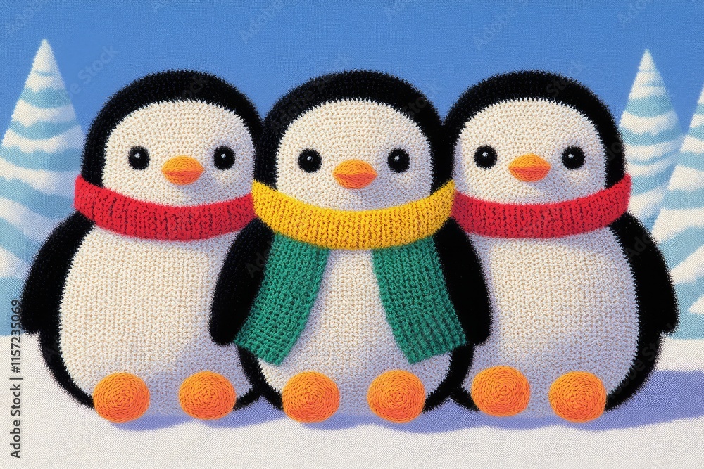 Fototapeta premium Soft woolen penguin family huddling together in the cold, standing on snowy ground with frosty trees in the background, yarn scarves and hats adding warmth, cute and peaceful, high-resolution details.