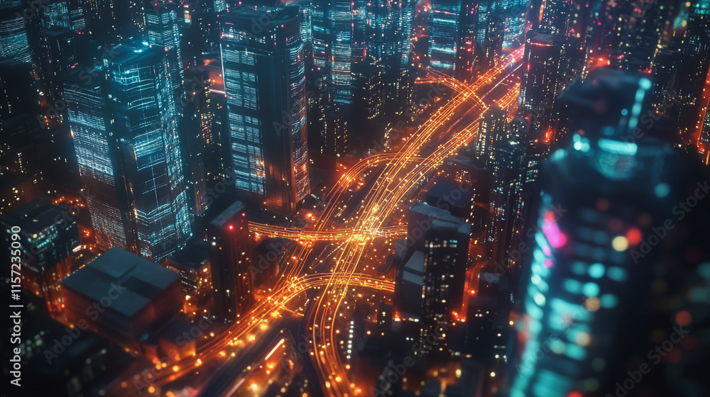 Fototapeta premium Smart digital Innovation city with connection network reciprocity over the cityscape. of future smart wireless digital city and social media networking systems that connects people with in city