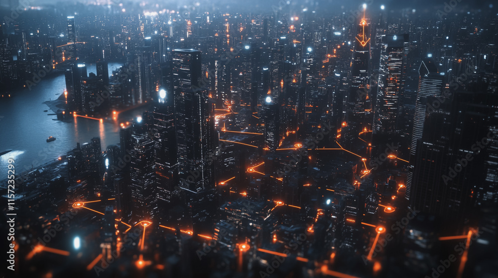 Obraz premium Smart digital Innovation city with connection network reciprocity over the cityscape. of future smart wireless digital city and social media networking systems that connects people with in city