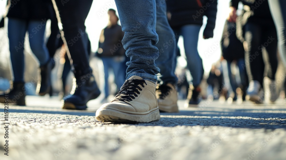 Individuals walking on a city street pavement. Individuals walking on a city street pavement.