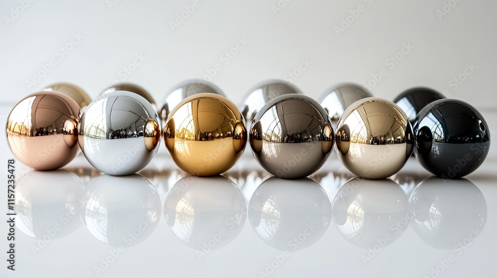A minimalist composition of ornament balls in metallic tones placed symmetrically on a white surface. A minimalist composition of ornament balls in metallic tones placed symmetrically on a white surface.
