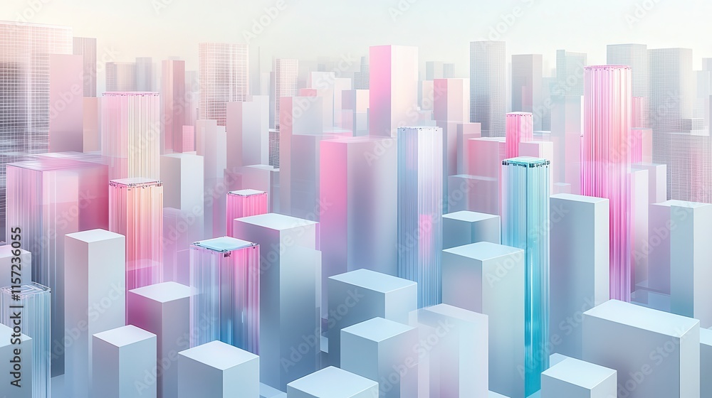 A vibrant, abstract cityscape featuring colorful, translucent skyscrapers under soft light, creating a futuristic and ethereal atmosphere. A vibrant, abstract cityscape featuring colorful, translucent skyscrapers under soft light, creating a futuristic and ethereal atmosphere.