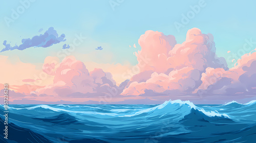 Calming blue sky with soft spindrift clouds and pale pinkish hues at sunset, calming, blue. Spindrift. Illustration