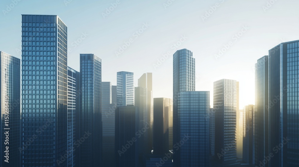 Modern city skyline with gleaming glass towers. Modern city skyline with gleaming glass towers.