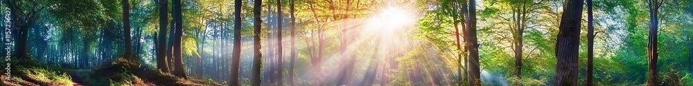 Fototapeta premium Serene forest scene with sunlight streaming through lush green trees, creating a tranquil and natural atmosphere in an elongated panoramic view.