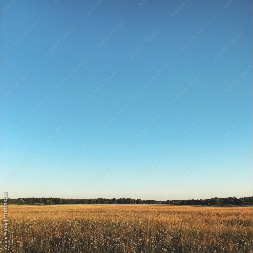 Vast Golden Field Under a Clear Blue Sky Near a Wooded Area in Early Morning Light Showcases the Beauty of Nature and the Tranquility of Rural Landscapes Vast Golden Field Under a Clear Blue Sky Near a Wooded Area in Early Morning Light Showcases the Beauty of Nature and the Tranquility of Rural Landscapes