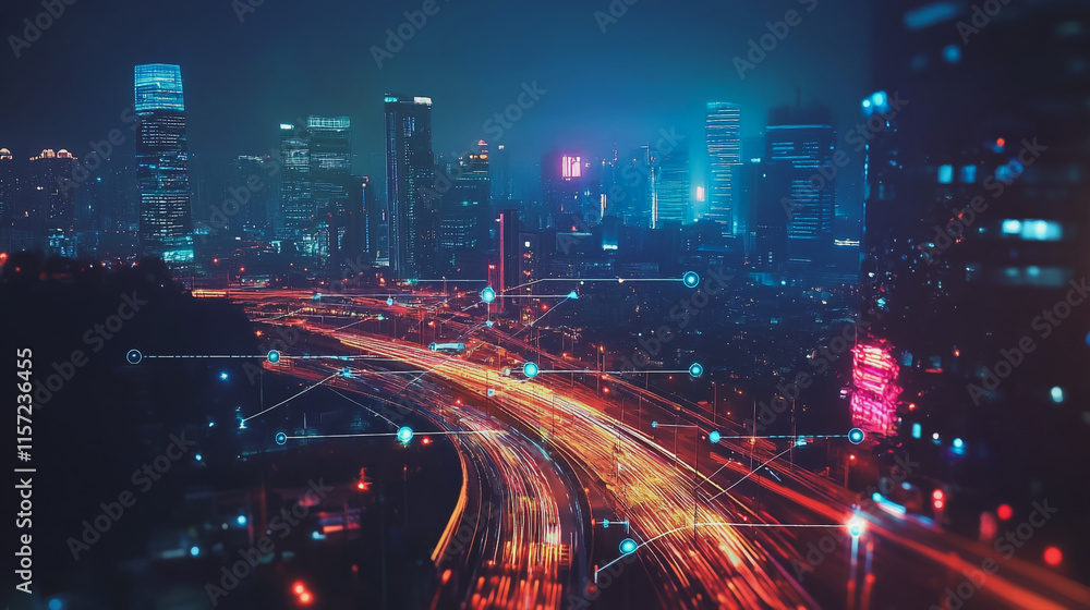 Smart digital Innovation city with connection network reciprocity over the cityscape. of future smart wireless digital city and social media networking systems that connects people with in city Smart digital Innovation city with connection network reciprocity over the cityscape. of future smart wireless digital city and social media networking systems that connects people with in city