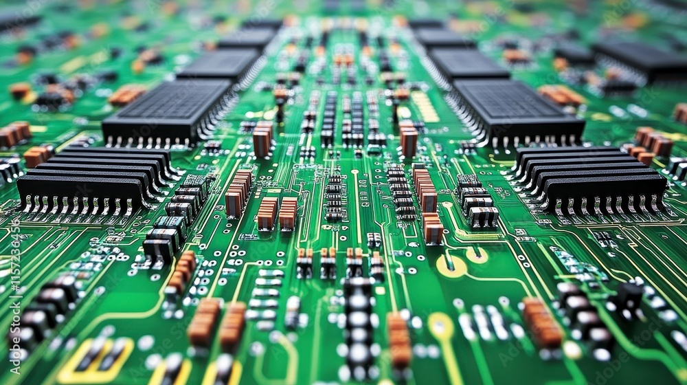 A close-up view of a circuit board showcasing intricate patterns of chips and connections, highlighting the complexity of electronic components. A close-up view of a circuit board showcasing intricate patterns of chips and connections, highlighting the complexity of electronic components.