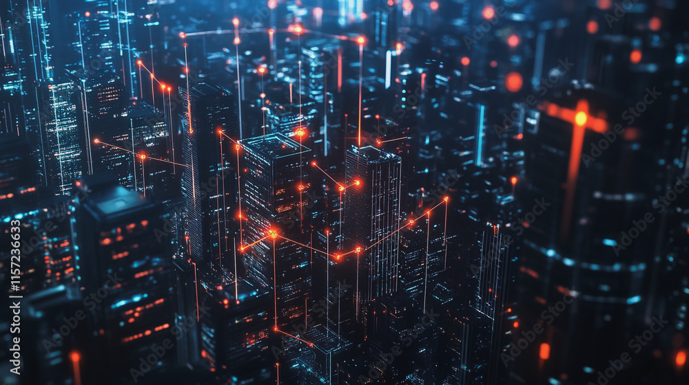 Obraz premium Smart digital Innovation city with connection network reciprocity over the cityscape. of future smart wireless digital city and social media networking systems that connects people with in city