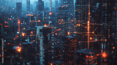 Smart digital Innovation city with connection network reciprocity over the cityscape. of future smart wireless digital city and social media networking systems that connects people with in city