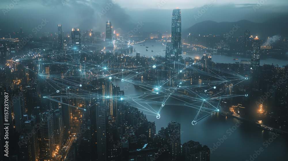 Fototapeta premium Smart digital Innovation city with connection network reciprocity over the cityscape. of future smart wireless digital city and social media networking systems that connects people with in city