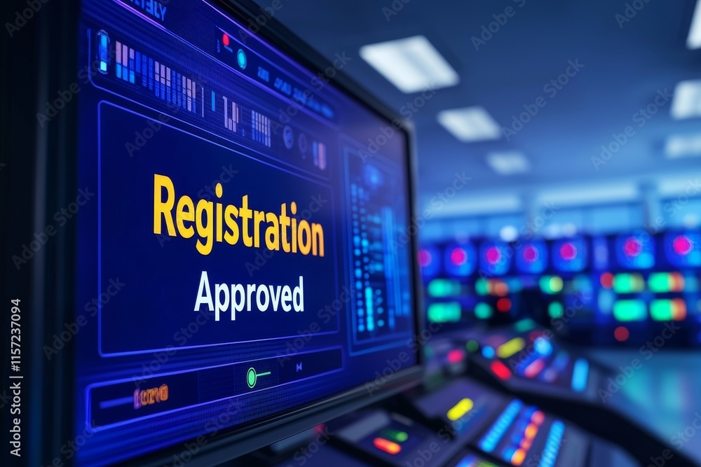 Register approval concept. Registration approved on a digital display screen. Register approval concept. Registration approved on a digital display screen.