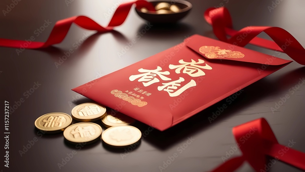 Close-Up of Traditional Red Envelope with Gold Chinese Calligraphy, Golden Coins, and Red Ribbons on Wooden Table, Festive Minimalist Composition
Close-Up of Traditional Red Envelope with Gold Chinese Calligraphy, Golden Coins, and Red Ribbons on Wooden Table, Festive Minimalist Composition