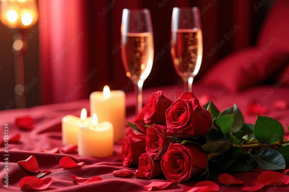 Romantic Dinner Setting with Red Roses, Candles, and Champagne for a Special Occasion Romantic Dinner Setting with Red Roses, Candles, and Champagne for a Special Occasion