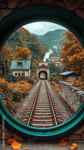 A picturesque view of a railway framed by a circular window amidst autumn foliage. photo