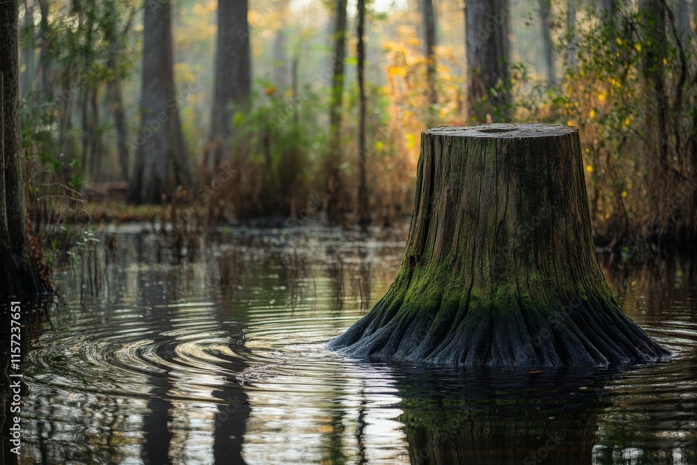 A serene scene of a large tree stump covered in green moss, situated in tranquil swamp waters surrounded by a lush forest under a warm, golden light ambiance. A serene scene of a large tree stump covered in green moss, situated in tranquil swamp waters surrounded by a lush forest under a warm, golden light ambiance.