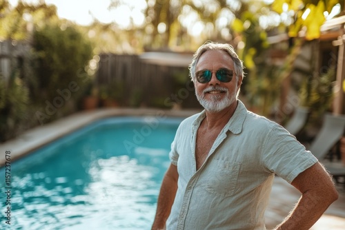 A relaxed man in casual attire and sunglasses poses confidently near a shimmering blue pool, embodying leisure, ease, and a carefree lifestyle in warm sunlight.