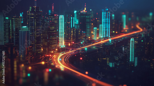 Smart digital Innovation city with connection network reciprocity over the cityscape. of future smart wireless digital city and social media networking systems that connects people with in city
