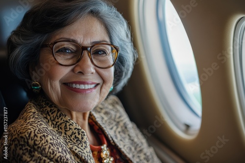 A joyful elderly woman with stylish glasses and gray hair looks out of an airplane window, capturing the essence of adventure and curiosity on a peaceful flight. photo