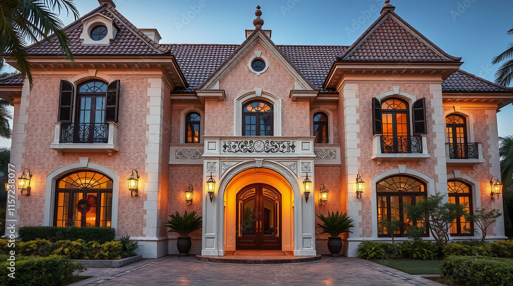 Fototapeta premium A large, two-story pink mansion with symmetrical design, arched windows and entryway, multiple exterior lights, and landscaping. The style is reminiscent of Mediterranean or European architecture.