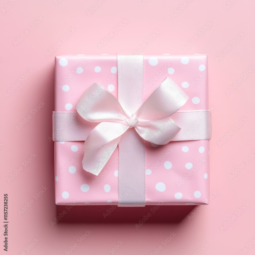 Bright Pink Gift Box Adorned With White Polka Dots and a Satin Ribbon Sits Elegantly on a Pastel Background, Perfect for Celebration or Special Occasions Bright Pink Gift Box Adorned With White Polka Dots and a Satin Ribbon Sits Elegantly on a Pastel Background, Perfect for Celebration or Special Occasions