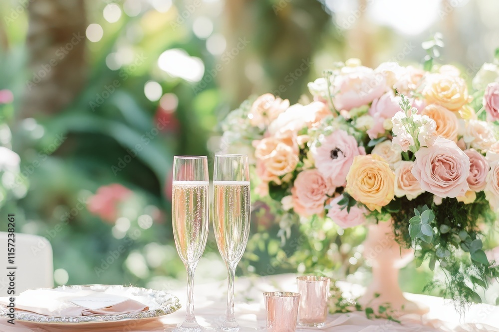 A beautifully set table with two champagne glasses, surrounded by a stunning arrangement of pastel roses and lush greenery in an outdoor setting. A beautifully set table with two champagne glasses, surrounded by a stunning arrangement of pastel roses and lush greenery in an outdoor setting.