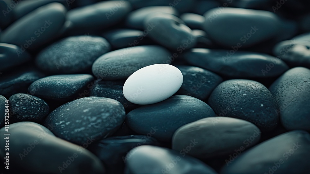 A natural arrangement of sea pebbles with a single white stone standing out among darker tones. A natural arrangement of sea pebbles with a single white stone standing out among darker tones.