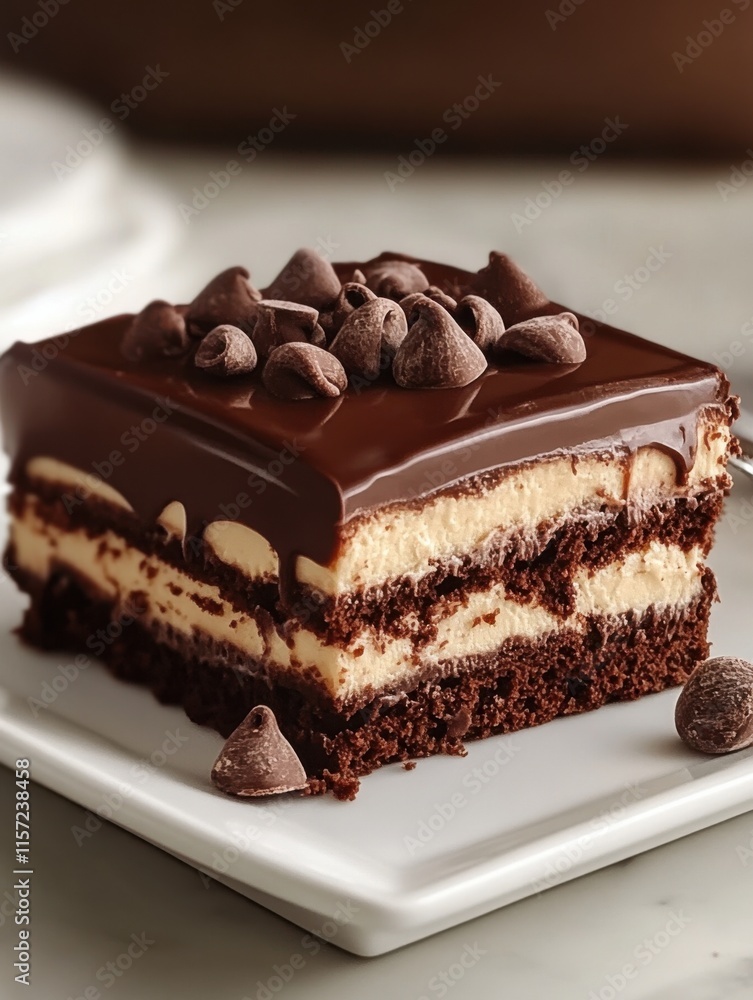 Decadent chocolate dessert layered with creamy filling and topped with chocolate chips served on a white plate Decadent chocolate dessert layered with creamy filling and topped with chocolate chips served on a white plate
