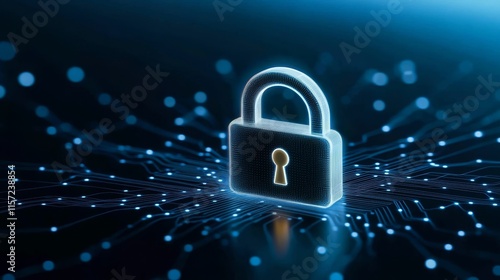 Abstract glowing padlock icon with data lines radiating on a sleek blue background
