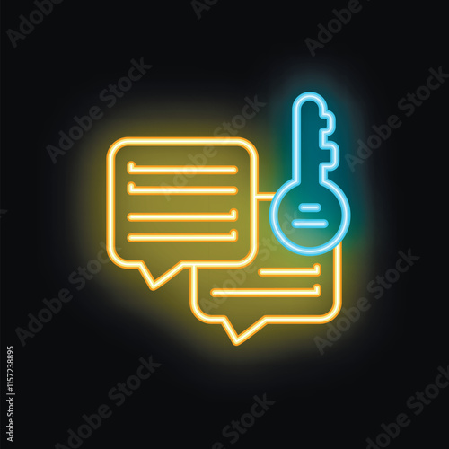 Blue neon key unlocking yellow chat bubbles representing finding solutions through communication