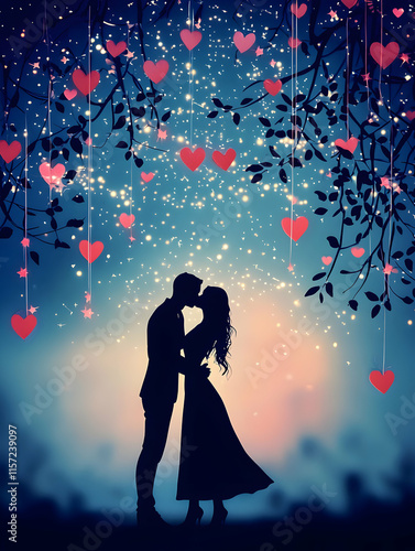 Romantic couple silhouette enchanted forest digital art evening glow close-up love and connection