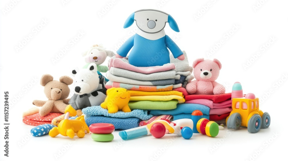 A pile of children's clothes and an electric iron surrounded by playful toys, isolated on a white background. A pile of children's clothes and an electric iron surrounded by playful toys, isolated on a white background.