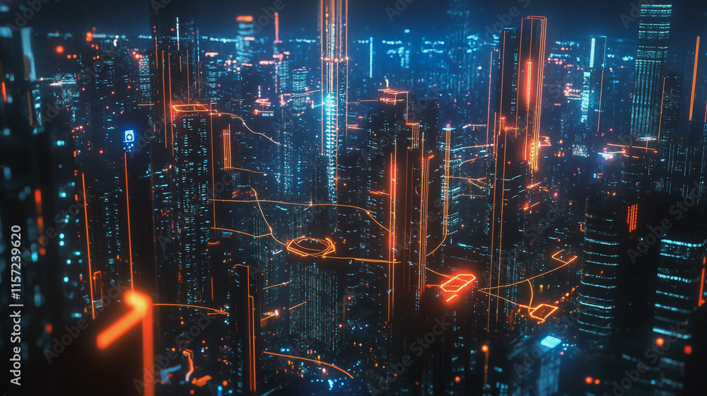 Smart digital Innovation city with connection network reciprocity over the cityscape. of future smart wireless digital city and social media networking systems that connects people with in city