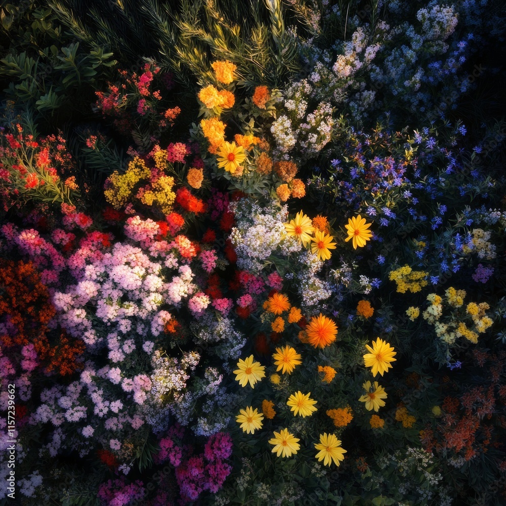 Obraz premium Colorful Wildflower Garden in Vibrant Bloom During Golden Hour Showcasing a Mix of Yellow, Pink, and Purple Blossoms Among Lush Green Foliage