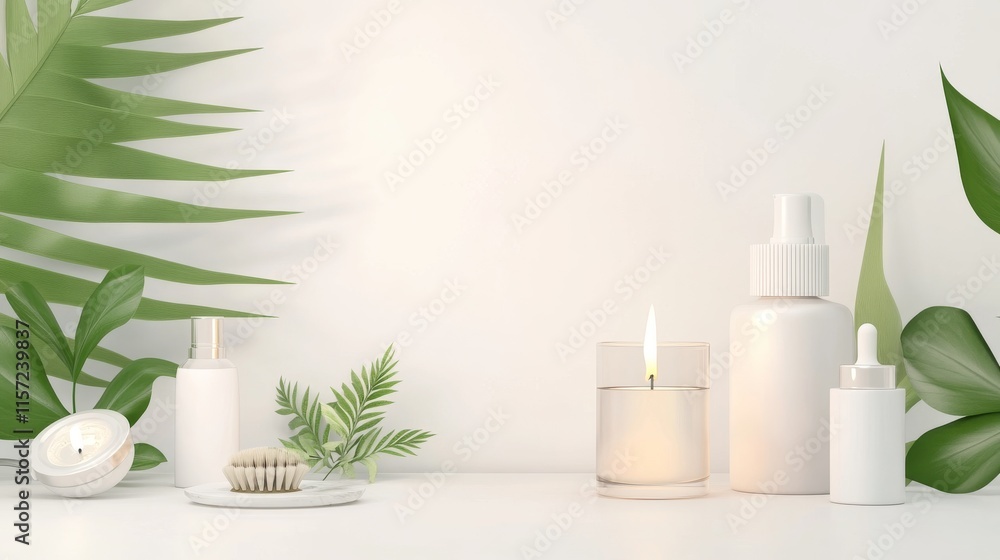 Spa essentials with greenery for relaxation. Spa essentials with greenery for relaxation.