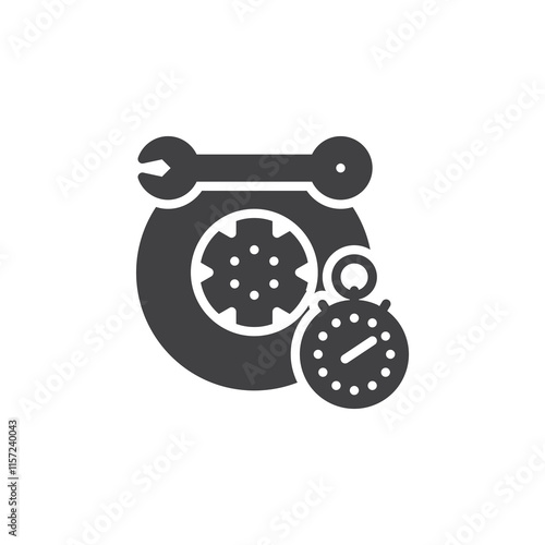 A wrench and tire with a stopwatch vector icon