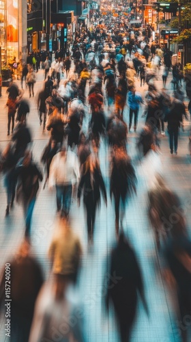 Crowds of people bustling through a busy urban street in the evening under bright lights
