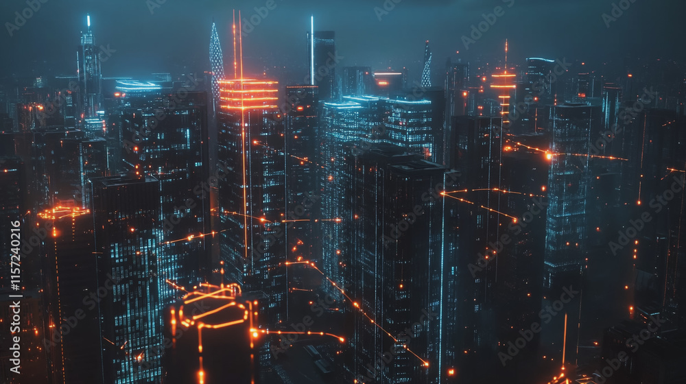 Obraz premium Smart digital Innovation city with connection network reciprocity over the cityscape. of future smart wireless digital city and social media networking systems that connects people with in city