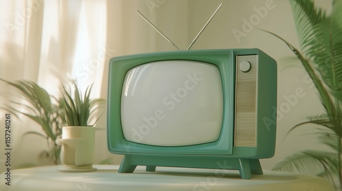 90s green+yellow television, model, double-pronged antenna, white screen, white background, 8K real photo. Front view. photo